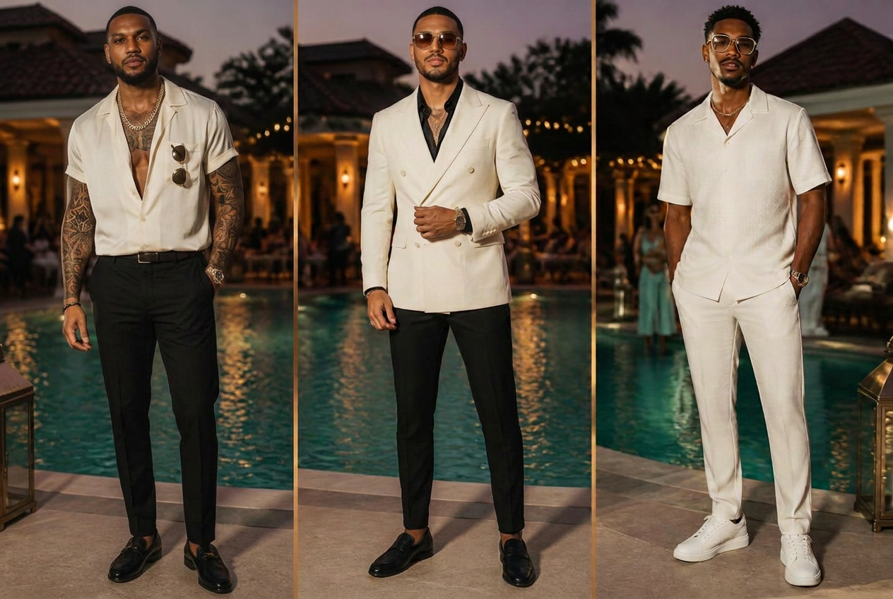 Three guests in satin, striped and cream statement shirts with tailored trousers